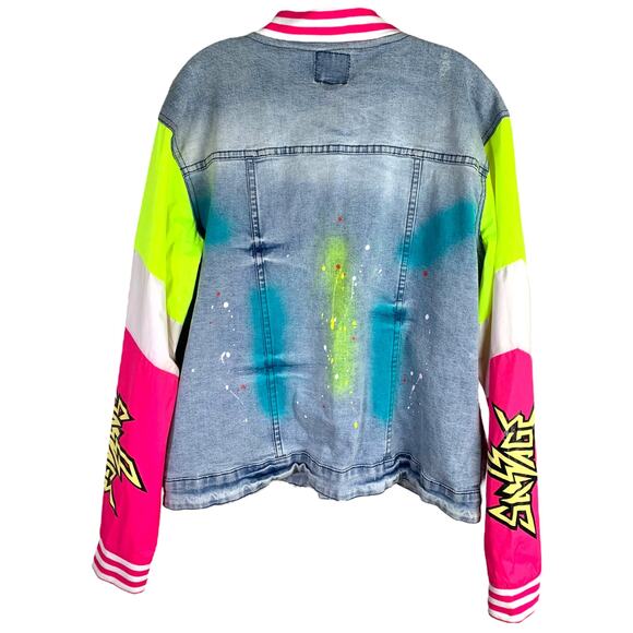 Encrypted Jean Jacket Womens M Blue Denim Graffiti Streetwear Sleeves 1980s - Picture 3 of 11